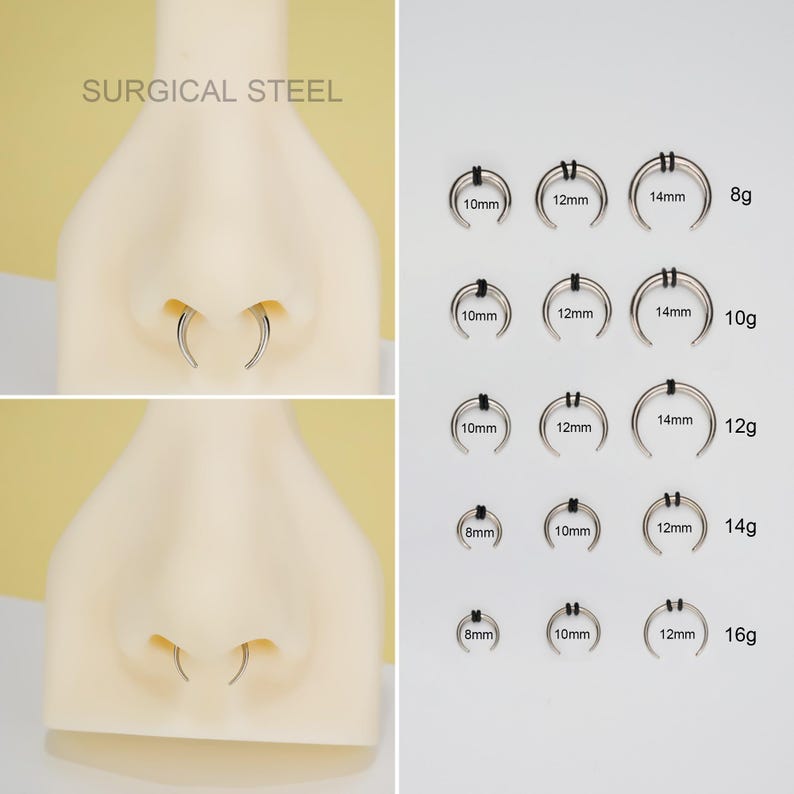 May include: Surgical steel nose rings in various sizes and gauges. The image shows a close-up of a nose ring on a model's nose and a chart of different sizes and gauges of nose rings. The chart includes the following sizes: 8mm, 10mm, 12mm, and 14mm. The chart also includes the following gauges: 8g, 10g, 12g, 14g, and 16g.