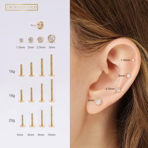 Aretes de oro macizo de 14 quilates sin rosca con pasador a presión y parte trasera plana de circonitas cúbicas de 16/18/20 g para piercing de labio, cartílago, trago, caracola, hélix, nariz y estilo minimalista.