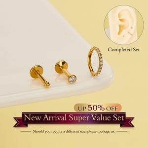 Gold Titanium Flat Back Earring Set, Threadless Tiny Ball Stud Earring, Cartilage Hoop Earring, Helix Piercing, Valentine’s Jewelry Gift Set