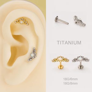 May include: Image of titanium ear piercings. The image shows a variety of ear jewelry, including curved and straight barbell styles. The jewelry features opal and clear crystal accents. The text "TITANIUM" and "18G/6mm 18G/8mm" are also visible.