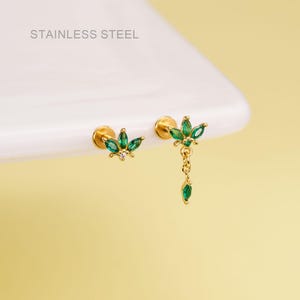 CZ CZ sans filetage pour cartilage vert lotus, anneau dans le nez, clou minimaliste, labret à épingles, petit clou en or à dos plat, hélice, conque, tragus