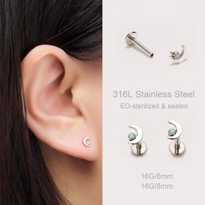 16G Opal Moon Cartilage Earrting, Helix Stud Earring, Threadless Push Pin Stud, Conch Piercing, Earlobe Jewelry
