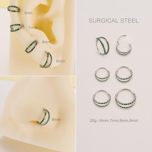 Piercing de nariz duplo em aço cirúrgico 20G pavimentado com zircônia cúbica verde/argola de cartilagem/piercing de nariz/brincos de argola Huggies/tragus/hélice/argola de concha/presente