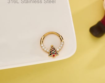 16G septumring kerstboom | Septumpiercing CZ | Septumring | Daith-oorbel | Scharnierende klikker | Cadeaus