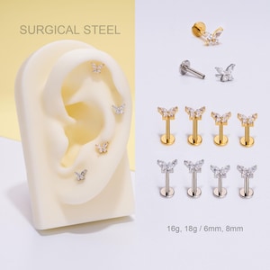 20G/18G/16G Butterfly CZ Push Pin Labret  Stud/Threadless Flat Back Earring/Tragus/Conch/Helix Stud/Cartilage Stud/Nose Stud/Tiny Gold Studs
