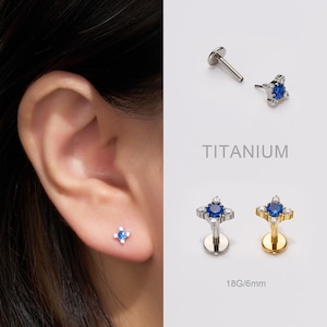 May include: A close-up of an ear with a small, silver stud earring featuring a blue gemstone and white accents. The image also shows two other earrings, one silver and one gold, with the text "TITANIUM" and "18G/6mm".