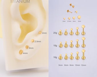 20G/18G/16G Titanium Tiny Gold Disc Ends Stud/Push Pin Labret/Threadless Flat Back Earring/Nose Stud/Cartilage Stud/Tragus/Helix/Conch Stud