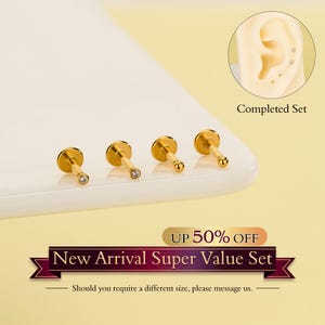 Titanium Tiny Ball Flat Back Earring Set, Threadless CZ Cartilage Earring, Conch, Helix Piercing, Earring Stack Set, Gifts