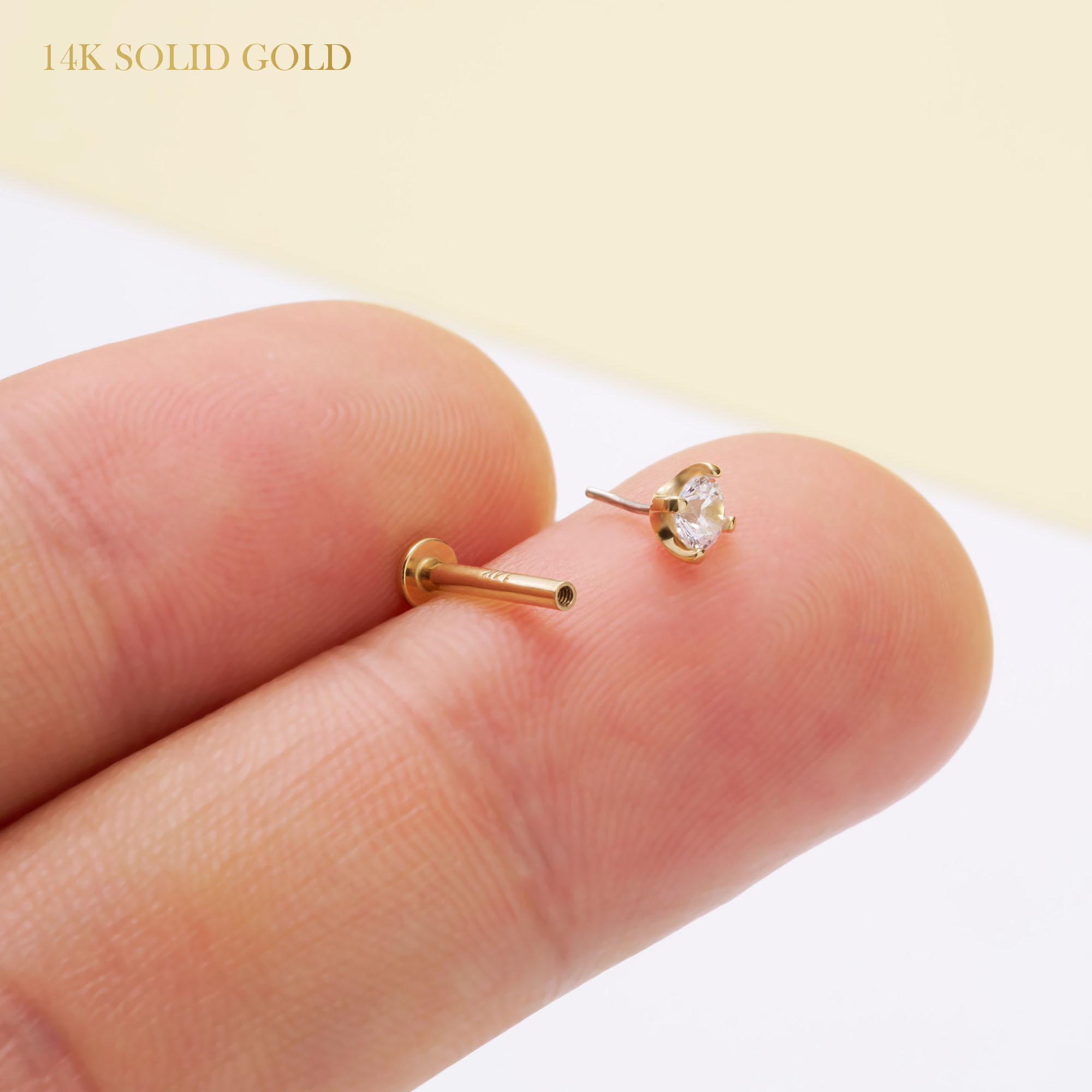 14K Solid Gold THREADLESS Push Pin Prong CZ Flat Back 16G
