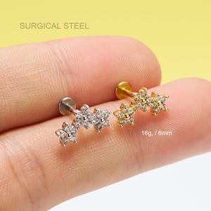 16G 3 Flowers Climber Cartilage Stud/Silver Gold Internally Threaded Earring/Labret/Helix/Tragus/Conch Piercing Stud/Flat Back Earring/Gifts
