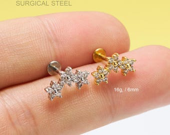 16G 3 Flowers Climber Cartilage Stud/Silver Gold Internally Threaded Earring/Labret/Helix/Tragus/Conch Piercing Stud/Flat Back Earring/Gifts
