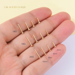 Può includere: Una collezione di borchie per gioielli per il corpo in oro massiccio 14K in varie dimensioni e calibri. L'immagine mostra borchie etichettate 16G, 18G e 20G, con lunghezze di 5 mm, 6 mm, 8 mm e 10 mm. Il testo "14K SOLID GOLD" è in alto.