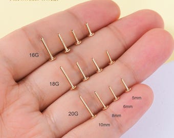 Postes de oro amarillo de 14k sin rosca, con pasador de presión, repuesto para labret con parte trasera plana, 16g, 18g, 20g, 5, 6, 8, 10 mm, disco de 3 mm, accesorios esenciales para joyería corporal.