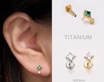 16G Geometric Flat Back Stud Earring in Titanium, Threadless CZ Helix Earring, Cartilage, Conch Jewelry, Gifts