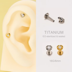 May include: Earrings with heart-shaped designs and a small, clear gem in the center. The earrings are shown in gold and silver tones. The image also shows a single earring post and the text "TITANIUM EO-sterilized & sealed" and "16G/6mm".
