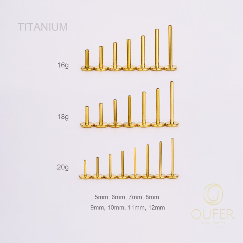 Implant 20G 18G 16G Titane Or/Argent SANS FIL Remplacement de tenon/Sans filetage arrière/Pushing Pin/Dos plat/hélice/conque/tragus/bouton nasal 5-12 mm image 3