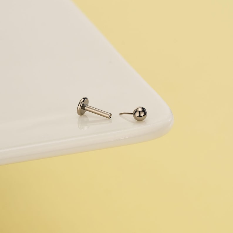 Pode incluir: Dois piercings labiais prateados. Um tem um disco plano em uma extremidade e uma haste reta. O outro tem uma pequena bola em uma extremidade e uma haste curva. Os piercings est&atilde;o em uma superf&iacute;cie branca.
