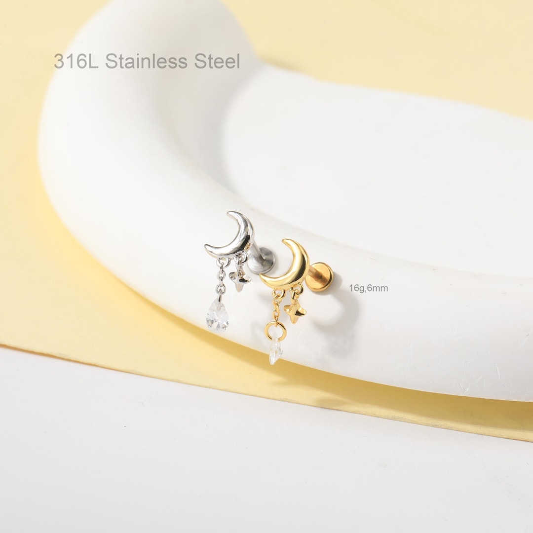 16G Moon Star Dangle Stud Earring/internally Threaded Labret Stud/moon Gold Helix Earring/cartilage/tragus/conch Piercing/flat Back Earring - Etsy Japan