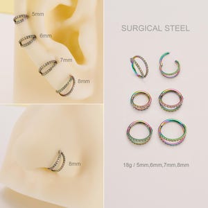 20G Surgical Steel Paved Rainbow CZ Double Nose Ring/Cartilage Clicker Hoop/Nose Piercing/Huggies Hoop Earrings/Tragus/Helix/Conch Hoop/Gift