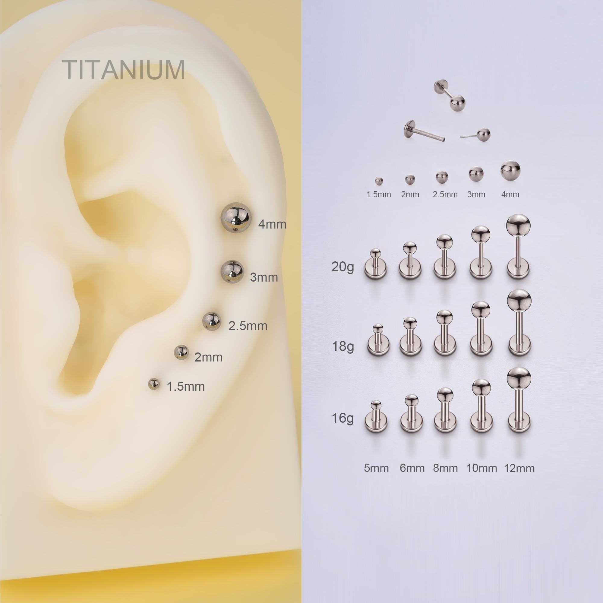 THREADLESS Push Pin Flat Back 16G/18G/20G Labret Stud,Implant Titanium Tiny Ball Ends Nose/Tragus/Conch/Helix/Earlobe Stud Earring Flatback