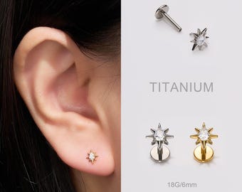 18G Titanium CZ Flat Back Earring,Starbrust Helix Earring,Threadless Push Pin Stud,Conch Jewelry,Cartilage Stud,Gifts