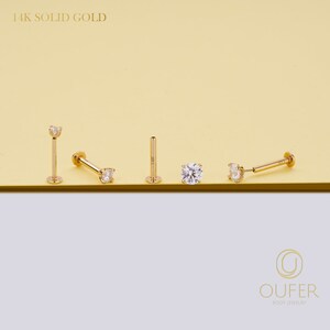 14K Solid Gold THREADLESS Push Pin Prong CZ Flat Back 16G/18G/20G ...
