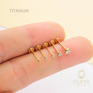 20G/18G/16G Titanium Tiny Gold Bezel CZ Stud/Push Pin Labret/Threadless Flat Back Earring/Nose Stud/Cartilage Stud/Tragus/Helix/Conch Stud image 10