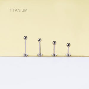 May include: Four silver-colored labret studs with a ball end and a flat disc backing. The word "TITANIUM" is printed in gray at the top left corner. The studs are arranged in a row against a light yellow background.