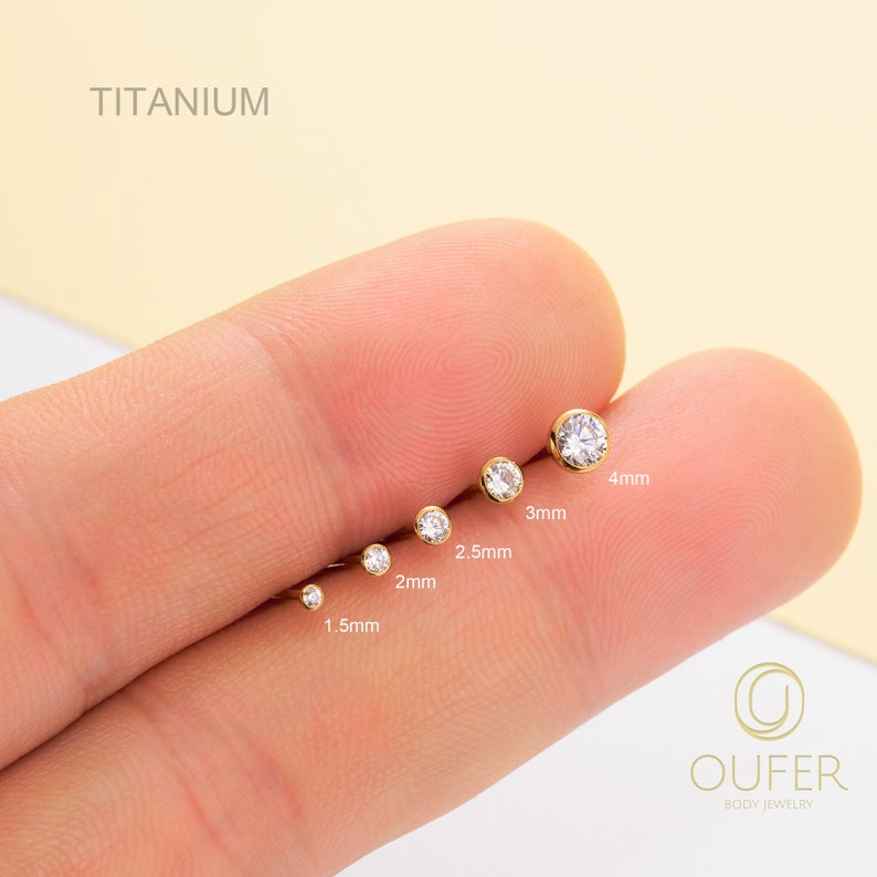 20G/18G/16G Titanium Tiny Gold Bezel CZ Stud/Push Pin Labret/Draadloze platte achterkant oorbel/neus Stud/kraakbeen Stud/Tragus/Helix/Conch Stud afbeelding 7