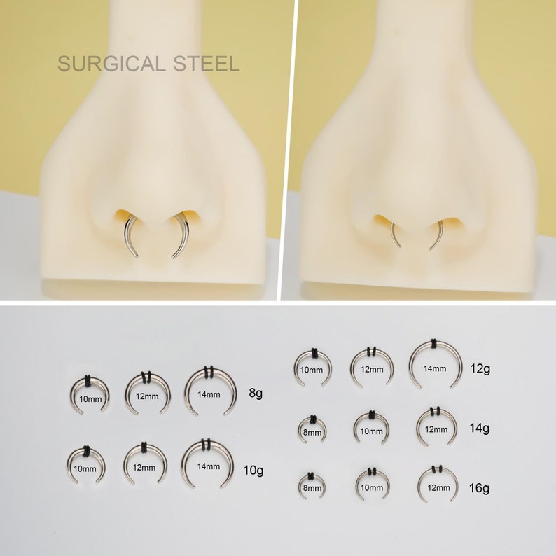May include: Surgical steel nose rings in various sizes and gauges. The rings are shown on a model's nose and laid out on a white background. The sizes are 8g, 10g, 12g, 14g, and 16g. The diameters are 8mm, 10mm, 12mm, and 14mm.