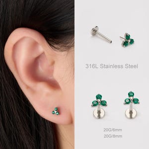 18G Emerald Threadless Stud Earring, Trinity Push Pin Flat Back Earring, Tiny Cartilage Earring, Helix Piercing, Tragus Stud
