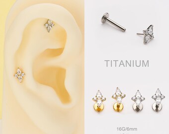 Brinco de cartilagem em titânio, piercing de hélice em forma de flor com zircônia cúbica, pino de pressão sem rosca com base plana, lóbulo da orelha, calibre 16G, ideal para presentes.