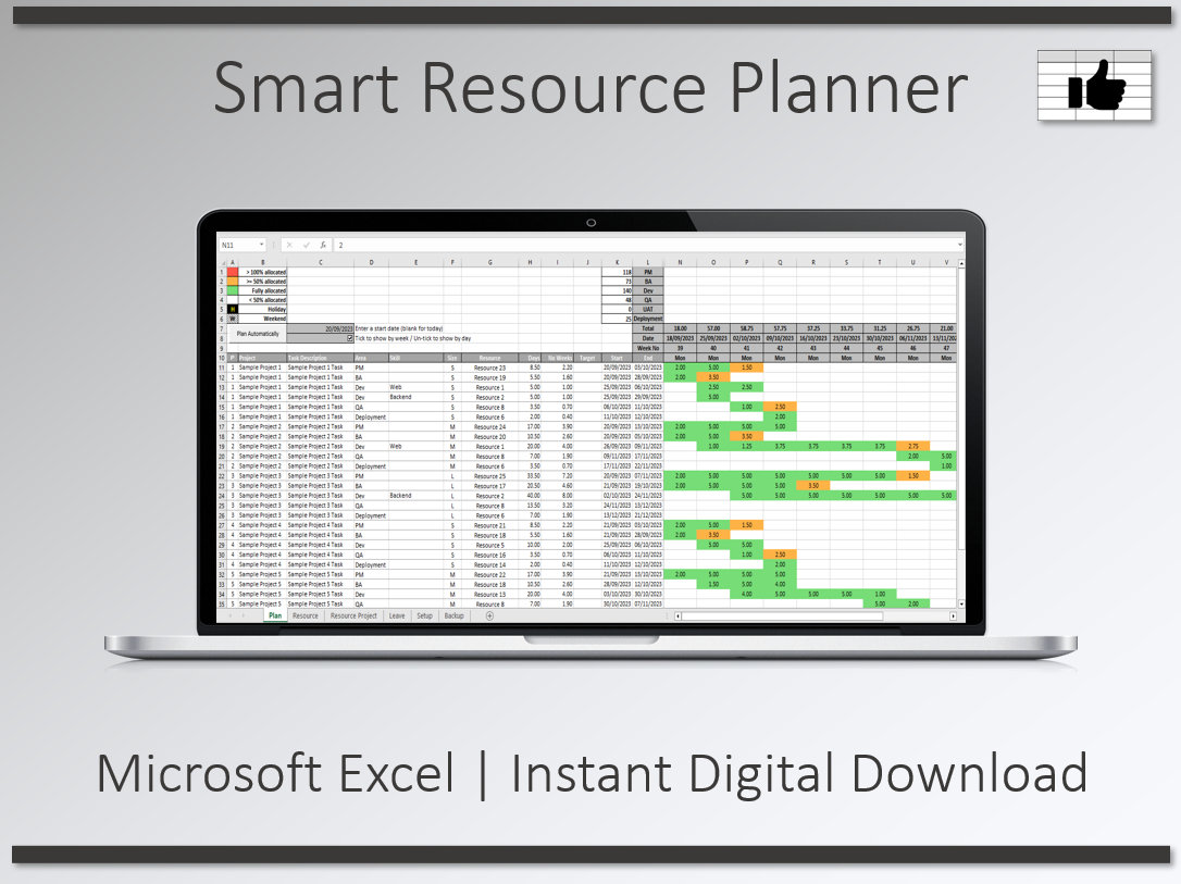 Smart Resource Planner: Macro Excel Spreadsheet for Project Management (Digital Download)