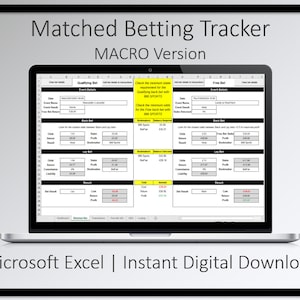 Matched Betting Tracker MACRO Excel Spreadsheet Back Bet Lay Bet Transaction Log Dashboard Profit Analysis Bookmaker Exchange