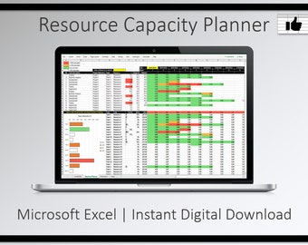 May include: A laptop computer displaying a spreadsheet with a resource capacity planner. The spreadsheet is colour-coded with green, yellow, and red. The spreadsheet is titled "Resource Capacity Planner". The laptop is on a white surface. Microsoft Excel | Instant Digital Download
