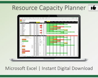 May include: A laptop computer displaying a spreadsheet with a green, yellow, and red colour scheme. The spreadsheet is titled "Resource Capacity Planner". The laptop is on a white surface with the text "Microsoft Excel | Instant Digital Download" below it.