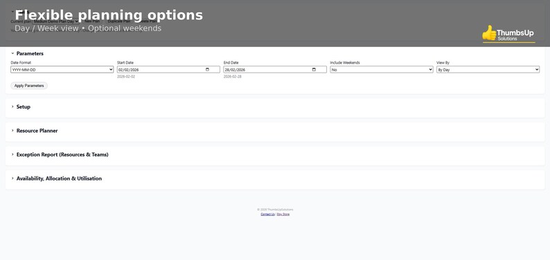 May include: A screenshot of a software interface with the text "Flexible planning options." The interface includes sections for parameters, setup, resource planning, and availability. The top banner is gray, and the background is white.
