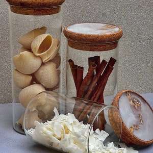May include: Three glass jars with cork lids and gold accents. The jars are filled with various items, including pasta shells, cinnamon sticks, and shredded coconut.