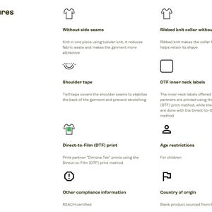 May include: Image detailing key features of a garment. Highlights include seamless construction, ribbed knit collar, shoulder tape, DTF inner neck labels, and DTF print method. The garment is REACH certified and sourced from Bangladesh.