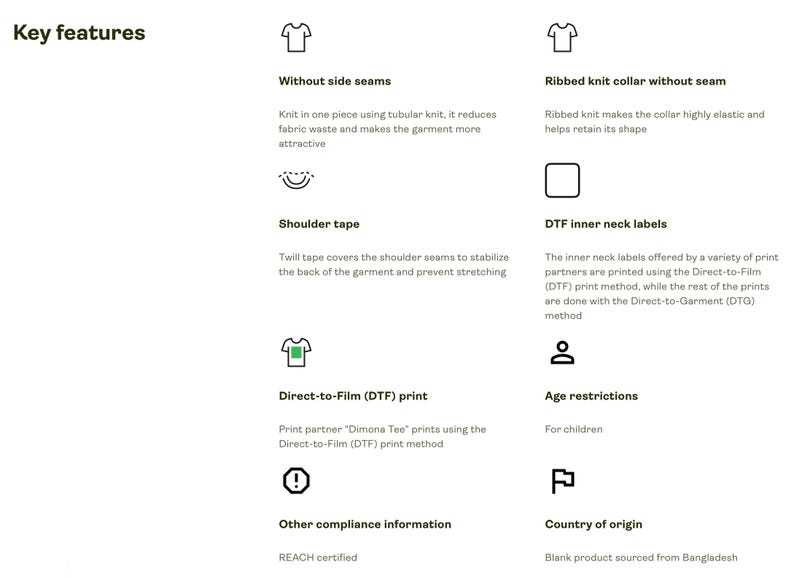 May include: Image detailing key features of a garment. Highlights include seamless construction, ribbed knit collar, shoulder tape, DTF inner neck labels, and DTF print method. The garment is REACH certified and sourced from Bangladesh.