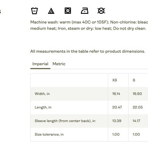 May include: Image showing care instructions and a size guide for a garment. The size guide includes measurements in inches for width, length, and sleeve length, ranging from XS to XL. The care instructions include washing, drying, and ironing guidelines.