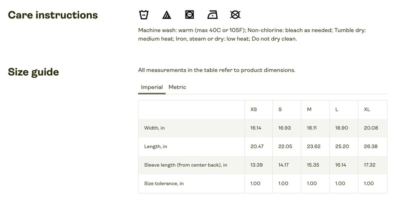 May include: Image showing care instructions and a size guide for a garment. The size guide includes measurements in inches for width, length, and sleeve length, ranging from XS to XL. The care instructions include washing, drying, and ironing guidelines.