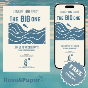 De grote eerste verjaardagsuitnodiging | Surfthema Canva bewerkbare sjabloon | Afdrukbare digitale download plus GRATIS mobiele uitnodiging