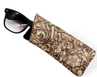 Wildflower Brown Embossed Leather Sunglasses Sleeve made using genuine leather