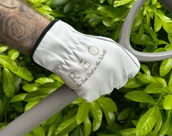 Custom engraved genuine leather gardening gloves | Laser engraved with your logo or custom text!
