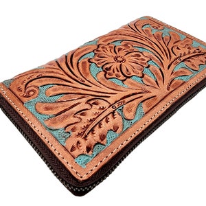 Southwestern Style Turquoise & Tan Tooled Genuine Leather Wallet / clutch