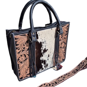 Sac fourre-tout / sac à main / sac à main de style occidental en cuir de vachette véritable et cuir repoussé - Taille moyenne - Sac tendance