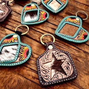 Genuine cowhide & tooled leather key chain | Cattle tag or Heart shape