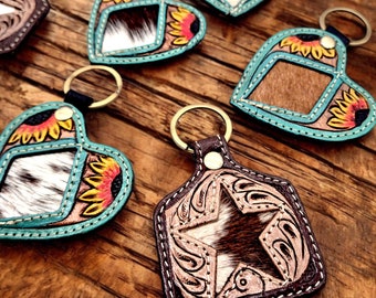 Genuine cowhide & tooled leather key chain | Cattle tag or Heart shape