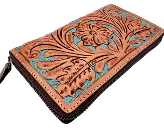 Portefeuille/pochette en cuir véritable façon sud-ouest turquoise et havane